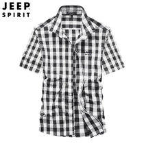 JEEP SPIRIT吉普短袖衬衫工装大格纹纯棉半袖衬衫微弹条纹夏装新款jeep百搭上衣潮(F245-0089黑色大格 L)