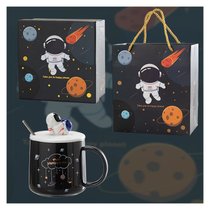 创意ins星空宇航员礼物水杯卡通陶瓷马克杯带盖勺家用牛奶咖啡杯kb6(黑宇航员+勺盖(礼盒加袋))