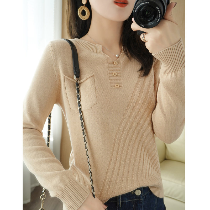 针织衫女2021早秋新款女士纯棉针织上衣v领套头时尚百搭毛衣内搭外穿