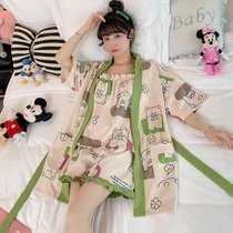 SUNTEK夏季睡衣女薄款三件套装吊带短裤女式和服可爱萝卜家居服夏天(DJ-2906绿色熊)