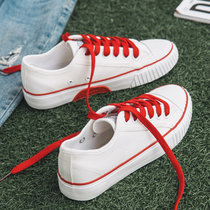 2017夏季新款帆布鞋女韩版学生时尚板鞋休闲街拍布鞋小白女鞋(红鞋带（白色） 40)