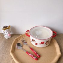 韩版ins风陶瓷泡面碗宿舍用学生可爱麦片沙拉甜品碗大容量手柄碗(不二家干饭碗+PVC盖)