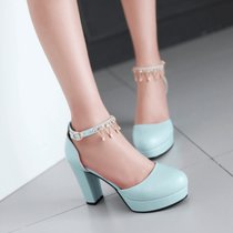 夏季韩版女鞋超高跟白色婚纱新娘鞋中空凉鞋粗跟防水台包头结婚鞋(37)(蓝色)