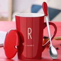 创意早餐杯子陶瓷马克杯带盖勺喝水杯男女生情侣咖啡杯办公室茶杯(红色款-R)