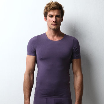 梦邦男士冰丝t恤无痕短袖超薄一片式锦纶速干男士内衣性感男背心(紫色