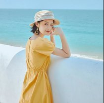 连衣裙女夏装2021年新款收腰显瘦气质法式复古方领女学生仙女裙子(黄色 L)