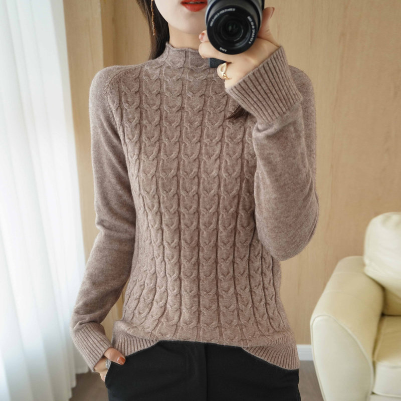 秋冬季新款女士半高领针织羊毛衫时尚百搭扭花套头毛衣打底衫上衣