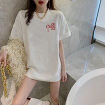 SUNTEK白色宽松短袖T恤女2022早春新款夏季chic港风潮牌上衣ins超火(XL 136-155斤 纯棉短袖【小写中国】)