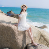 2018夏季新款女装露肩一字肩度假沙滩裙欧根纱吊带连衣裙A字裙子(白色)(XS)