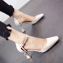 春季高跟鞋2018新款韩版女士纯色粗跟水钻方头中空一字扣婚宴女鞋(39)(米色)