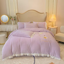 冬季简约刺绣牛奶绒四件套加厚保暖珊瑚绒水晶绒床单被套床上用品(甜紫)