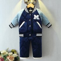 冬季儿童睡衣男童三层夹棉3-5-7-9-11岁男孩加绒加厚款家居服套装(深蓝棒球服立领款)