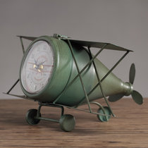 莎芮 美式复古铁艺飞机模型钟表座钟创意客厅卧室静音时钟台钟桌面摆件(F06D绿色)