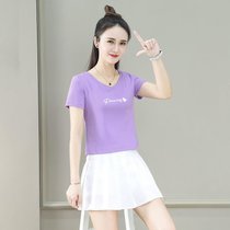 时尚V领短袖T恤女夏装修身洋气印花露脐高腰短款上衣ins(紫色 3XL 建议130-145斤)
