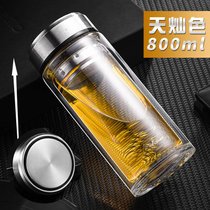 玻璃杯男士双层隔热水杯大容量便携茶杯过滤女家用加厚底泡茶杯子(钢本色-800ml)