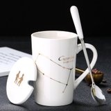创意个性杯子陶瓷马克杯带盖勺情侣水杯男生咖啡杯家用茶杯办公室(双子座-白)