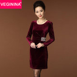 VEGININA 秋季新款长袖圆领金丝绒包臀修身连衣裙 9916(酒红色 3XL)