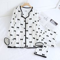 SUNTEK莫代尔月子服夏季薄款孕妇睡衣产妇哺乳衣夏天透气7月份6家居服(黑边蝴蝶结莫代尔)