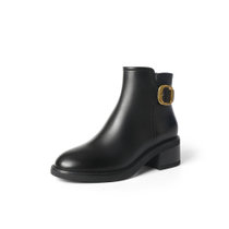 森达2021冬季新款商场同款时尚皮带扣简约粗跟女短皮靴4D940DD1(黑色 33)