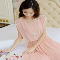 2017夏季新款韩版甜美无袖钉珠雪纺连衣裙长裙子(粉红色 XL)
