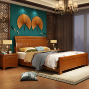 明佳友 实木双人床 婚床双人床简约现代中式家具 1.5米 1.8米橡木床M8083(海棠色普通床 1.5米床+垫+2柜)