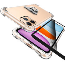 苹果11pro max手机壳 iPhone11PRO MAX手机保护壳/套 硅胶防摔气囊套+全屏钢化膜+指环支架