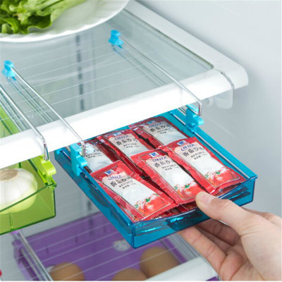 有乐 创意厨房用品抽动式置物盒 收纳盒 冰箱保鲜隔板层多用收纳架（大号）zw608(蓝色)