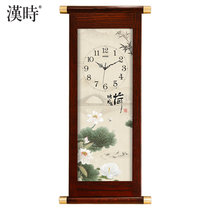 汉时（Hense)新中式实木装饰静音挂钟客厅创意中国风石英挂表HW68(荷塘月色竖版-红酸枝色)