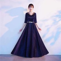 大合唱团演出服晚礼服女长裙2021新款显瘦红歌走秀中国风朗诵服装(深蓝色 XL)