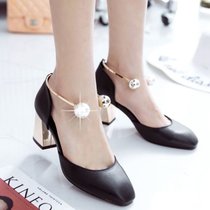 韩版2017夏季新款凉鞋珍珠电镀粗跟包头女鞋套脚高跟鞋方头潮(37)(黑色)