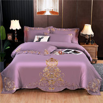 80支长绒全棉纯棉斜纹刺绣被套床单床上欧式四件套婚庆用品(欧典-紫豆沙)