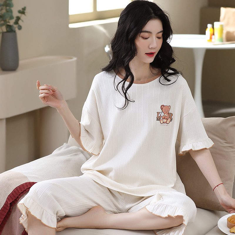 家居服金莎拉睡衣女夏季短袖七分裤可外穿休闲宽松大码家居服套装p