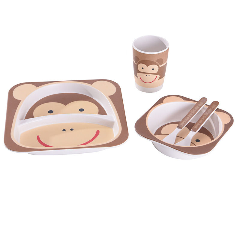 开优米 竹纤维儿童餐具套装 分格餐盘婴儿卡通饭碗5件套(咖啡猴子)