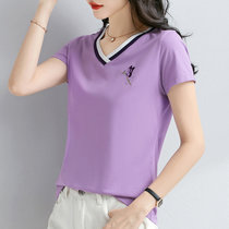 v领纯棉短袖t恤女2022年新款夏季高端女装修身上衣半袖体恤衫(紫色 4XL)