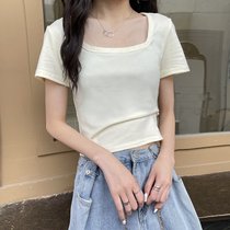 SUNTEK方领t恤短袖2022新款女装夏季纯色短款修身上衣服辣妹风ins潮(M 70~100斤 米白色 短袖)