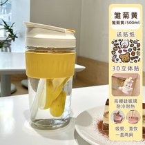 韩版ins风玻璃水杯女带吸管简约便携可爱牛奶杯大容量咖啡杯子(双饮款雏菊黄500ml+3D配饰 送贴纸背带)