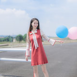 2018秋装新款韩版女装修身显瘦长袖喇叭袖系带打底针织连衣裙裙子(西瓜红)(XS)
