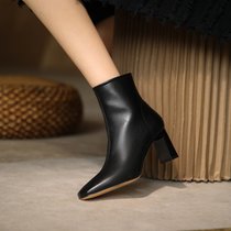 SUNTEK一代佳人靴子女2021秋冬新款高跟鞋粗跟气质加绒时尚短靴妈妈女鞋(38 黑色 7CM)