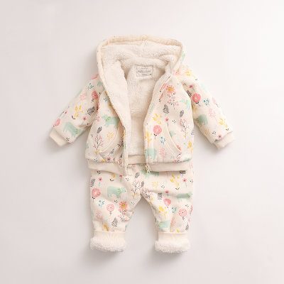 marcjanie马克珍妮宝宝冬装婴儿棉衣套装 女童儿童加绒加厚卫衣套装16973B(73(18M建议身高73cm) 花与熊印花)