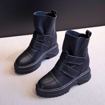 SUNTEK马丁靴女英伦风2021年秋冬季新款加绒短靴内增高女鞋厚底高跟靴子(37 黑色 单里)
