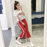 莉菲姿 时尚字母刺绣短袖T恤+休闲套装女条纹运动喇叭裤两件套(红色 S)
