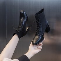 SUNTEK瘦瘦马丁靴女秋冬2021年新款冬季加绒小短靴冬款粗跟高跟鞋子白色(39 黑色单里)