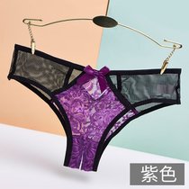 SUNTEK内裤女士低腰无痕蕾丝性感迷人镂空可爱少女蝴蝶结开裆丁字裤(均码 876紫色)