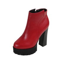 2017秋冬新款粗跟短靴马丁靴女欧美圆头防水台高跟鞋女侧拉链踝靴(39)(红色)