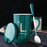 杯子创意个性潮流陶瓷茶水杯家用马克杯带盖勺可爱韩版少女咖啡杯(墨绿款-L-真金)