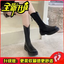 SUNTEK小个子厚底加绒马丁靴女鞋2021秋冬季百搭黑色短靴英伦风中筒靴子(38 黑色中筒升级版 加绒)