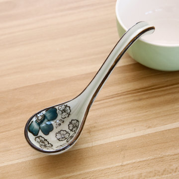 陶瓷日式汤勺长柄儿童汤匙创意厨房餐具搅拌勺调羹小勺子蓝富贵默认