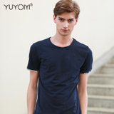 YUYOM优央 男士圆领T恤 个性短袖时尚印花边 修身纯色YT170712(藏青 M)