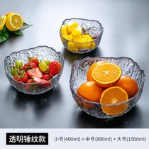 创意网红锤纹玻璃碗透明金边沙拉碗家用大号蔬菜水果盘日式甜品碗(透明碗（无金边）小号+中号+大号)