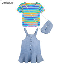 CaldiceKris（中国CK）牛仔送小包背带裙条纹T三件套CK-FS3617(蓝色 110)